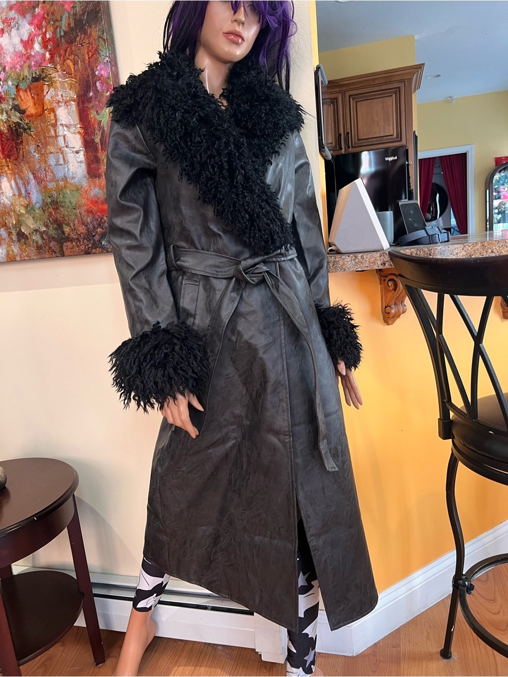 Reclaimed Vintage blk longline leather  trench coat w faux fur collar & cuffs XS